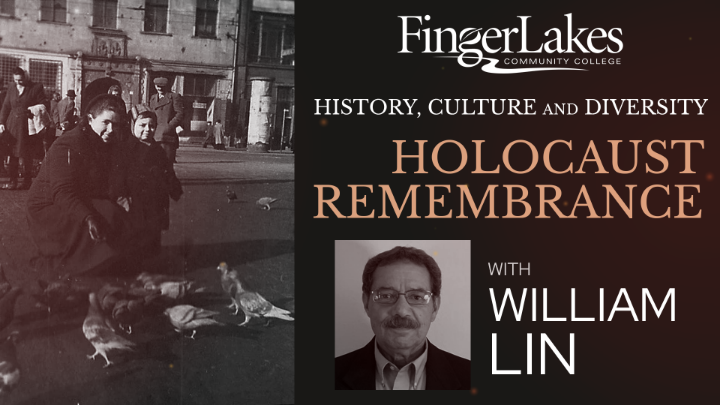A woman bends down to feed birds with her toddler son in 1950s Wroclaw, Poland.  An image of William Lin, the event speaker. FLCC Holocaust Remembrance.